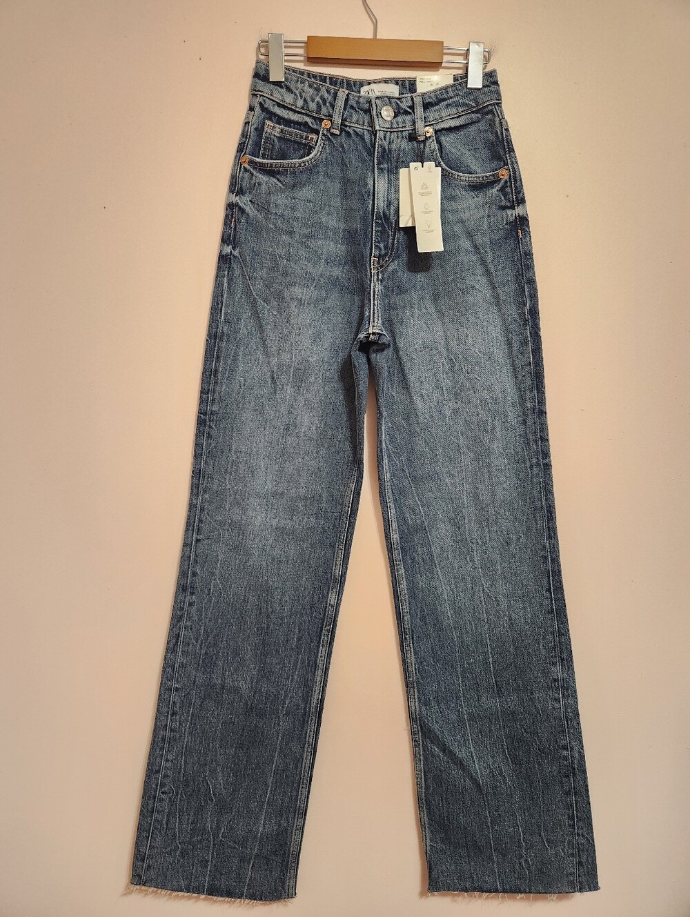 NWT ZARA High-Rise Full Length Wide Leg Jeans Acid Wash Denim Blue Y2K US 4/26